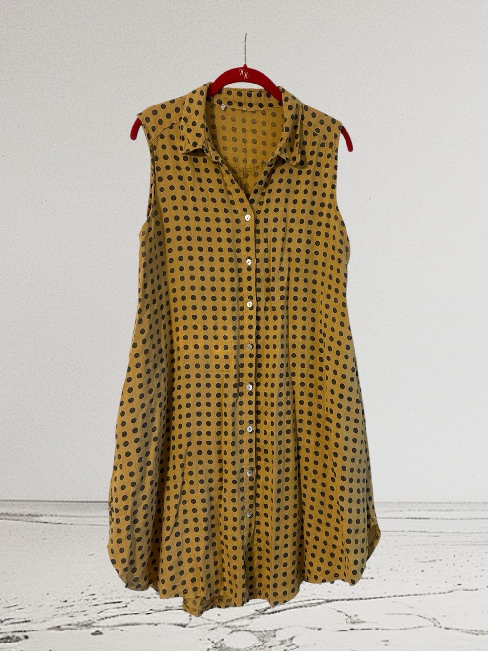 Sleeveless Mustard Polka Dot Button-Front Linen Casual Dress Sz M